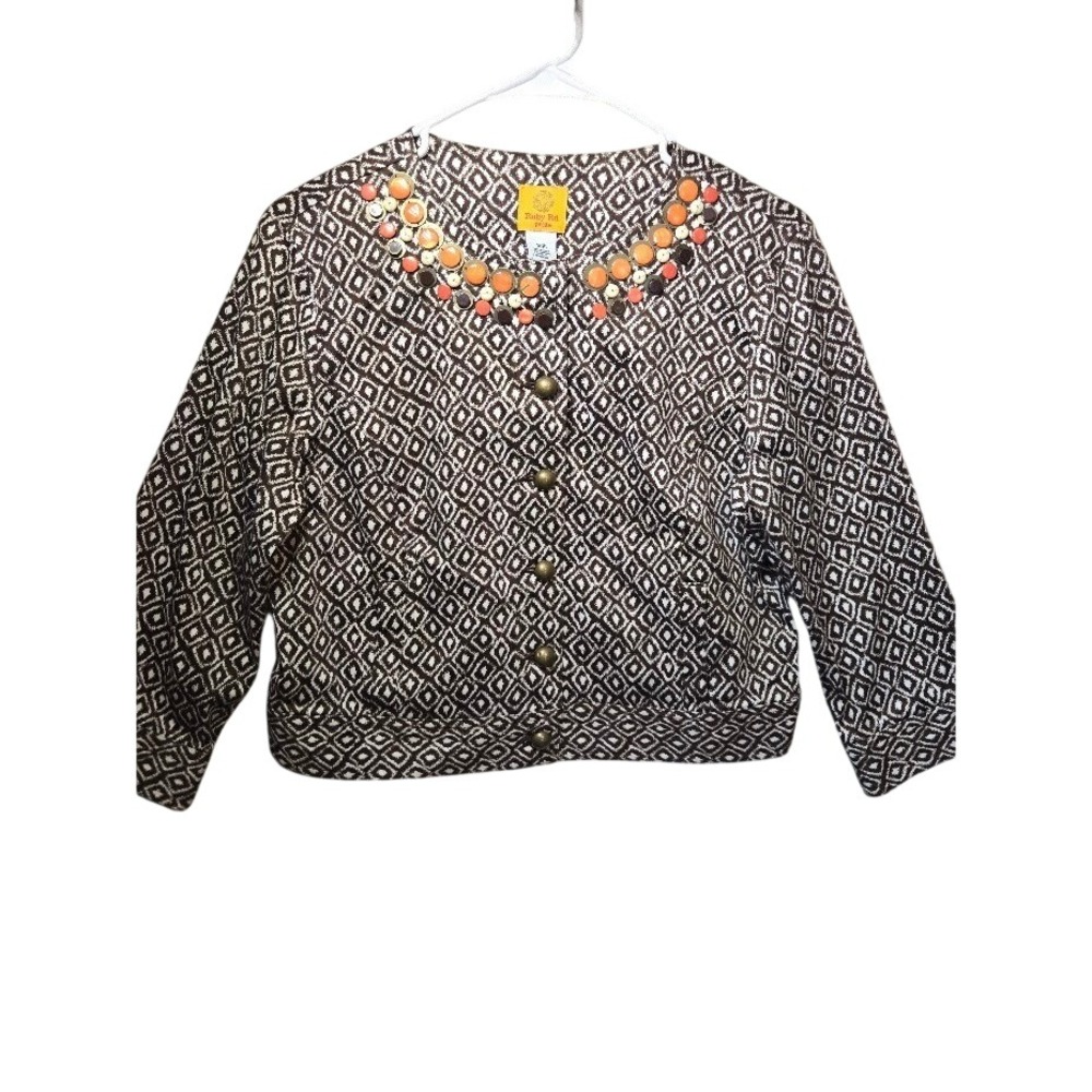 Ruby Rd Petite Brown White Geometric Beaded Neckline Button Front Jacket 10P